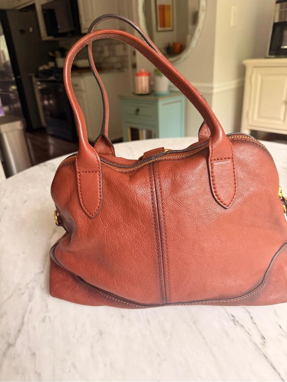 Frye “Ring Dome” Brown Leather Satchel Handbag with Gold Ring Accent
